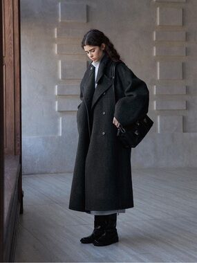 HEMI BLURR 100% Wool Dark Gray Belted Trench One Size Fits All/Free Size NWT